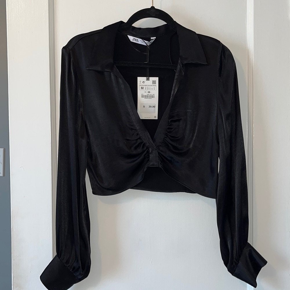 NWT Zara Black Satin Ruched Top